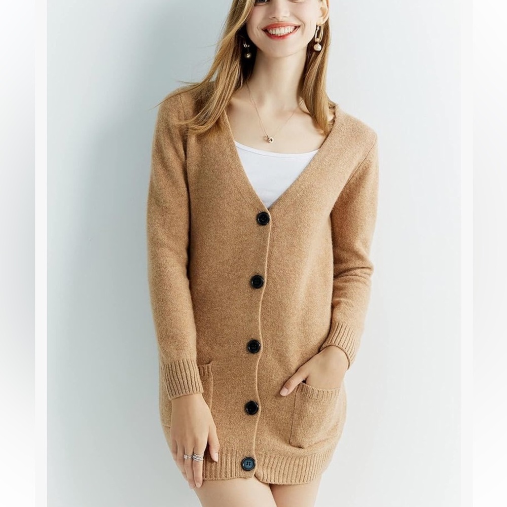 LINY XIN 100% Cashmere Wool Tan Cardigan Sweater